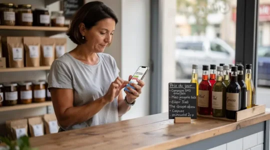 Une commerçante vérifie l'écran de son smartphone derrière le comptoir de son magasin, au moment de contrôler l'envoi de ses SMS.