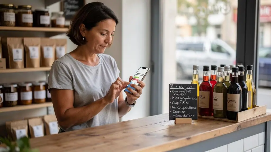 Une commerçante vérifie l'écran de son smartphone derrière le comptoir de son magasin, au moment de contrôler l'envoi de ses SMS.
