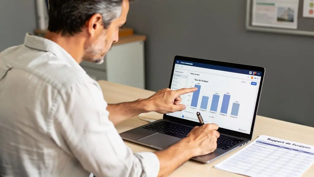 Un dirigeant de PME analyse sur son ordinateur portable un rapport de taux de délivrabilité de ses campagnes SMS.