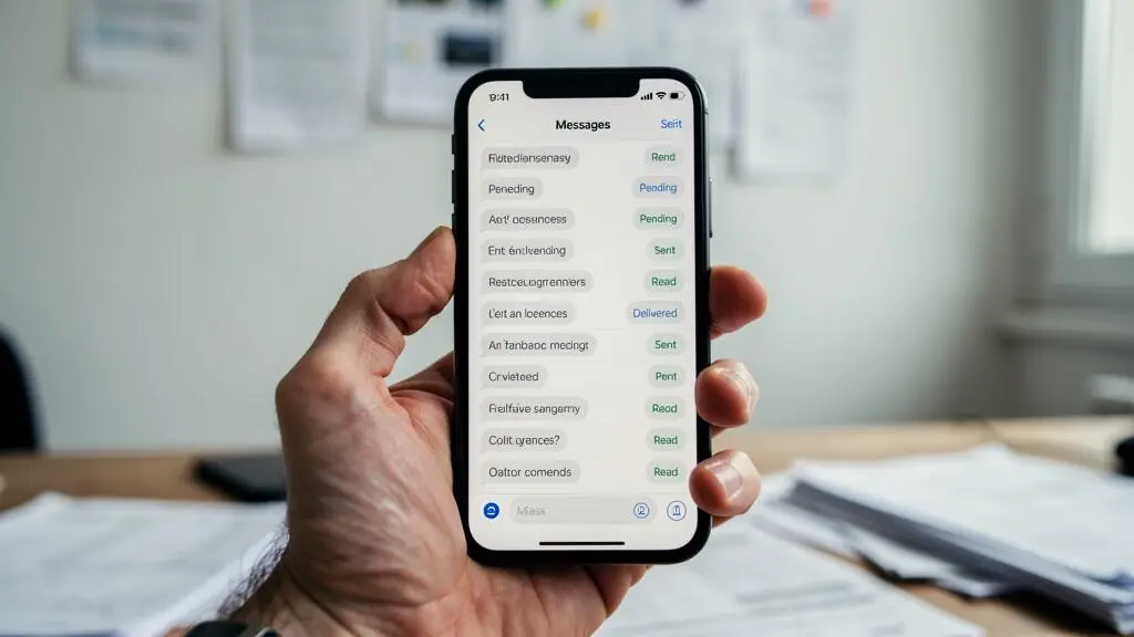 Gros plan sur une main tenant un smartphone affichant trois statuts de SMS : envoyé, délivré et filtré.